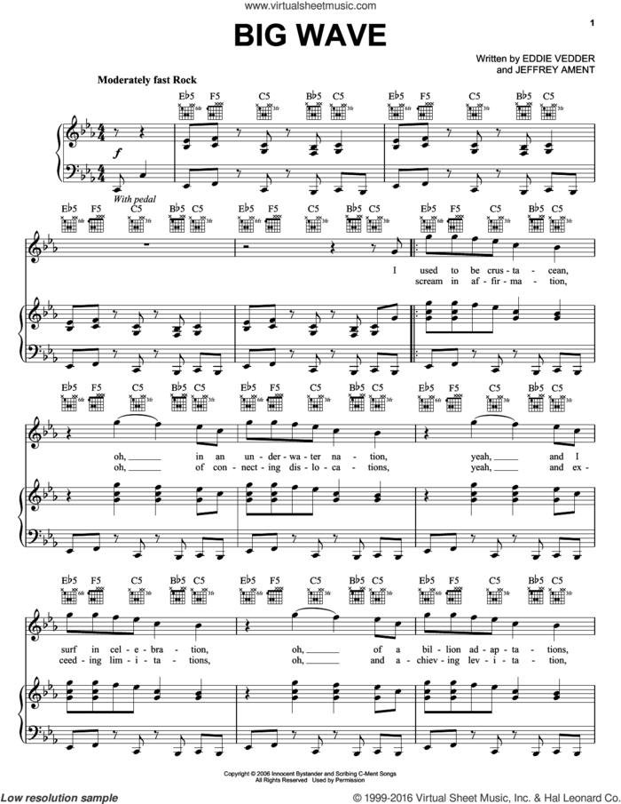 Big Wave sheet music for voice, piano or guitar by Pearl Jam, Eddie Vedder and Jeffrey Ament, intermediate skill level