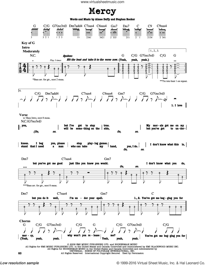 Mercy sheet music for guitar solo (lead sheet) by Duffy, Aimee Duffy and Steve Booker, intermediate guitar (lead sheet)