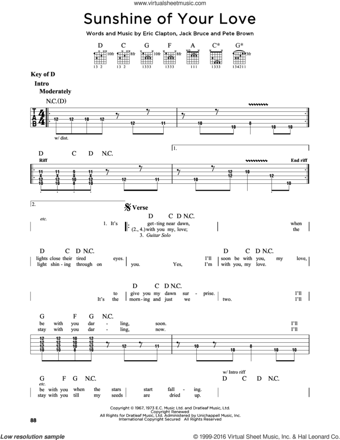 Sunshine Of Your Love sheet music for guitar solo (lead sheet) by Cream, Eric Clapton, Jack Bruce and Pete Brown, intermediate guitar (lead sheet)