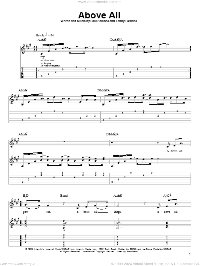 Above All sheet music for guitar (tablature, play-along) by Paul Baloche and Lenny LeBlanc, intermediate skill level