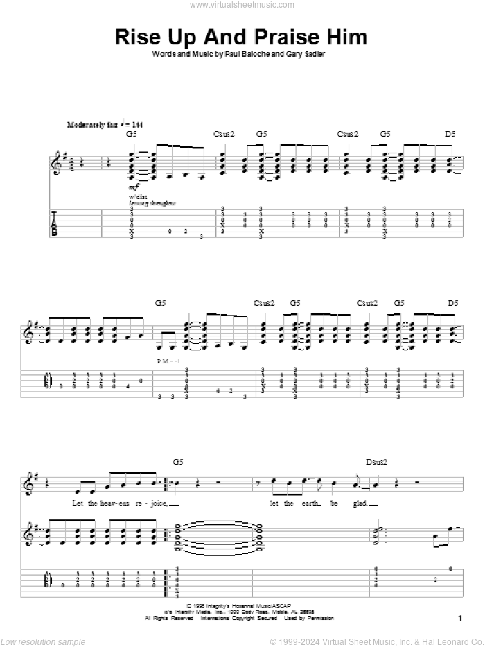 Rise Up And Praise Him sheet music for guitar (tablature, play-along) by Paul Baloche and Gary Sadler, intermediate skill level