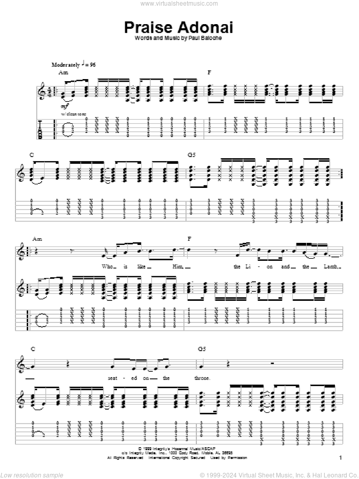Praise Adonai sheet music for guitar (tablature, play-along) by Paul Baloche, intermediate skill level