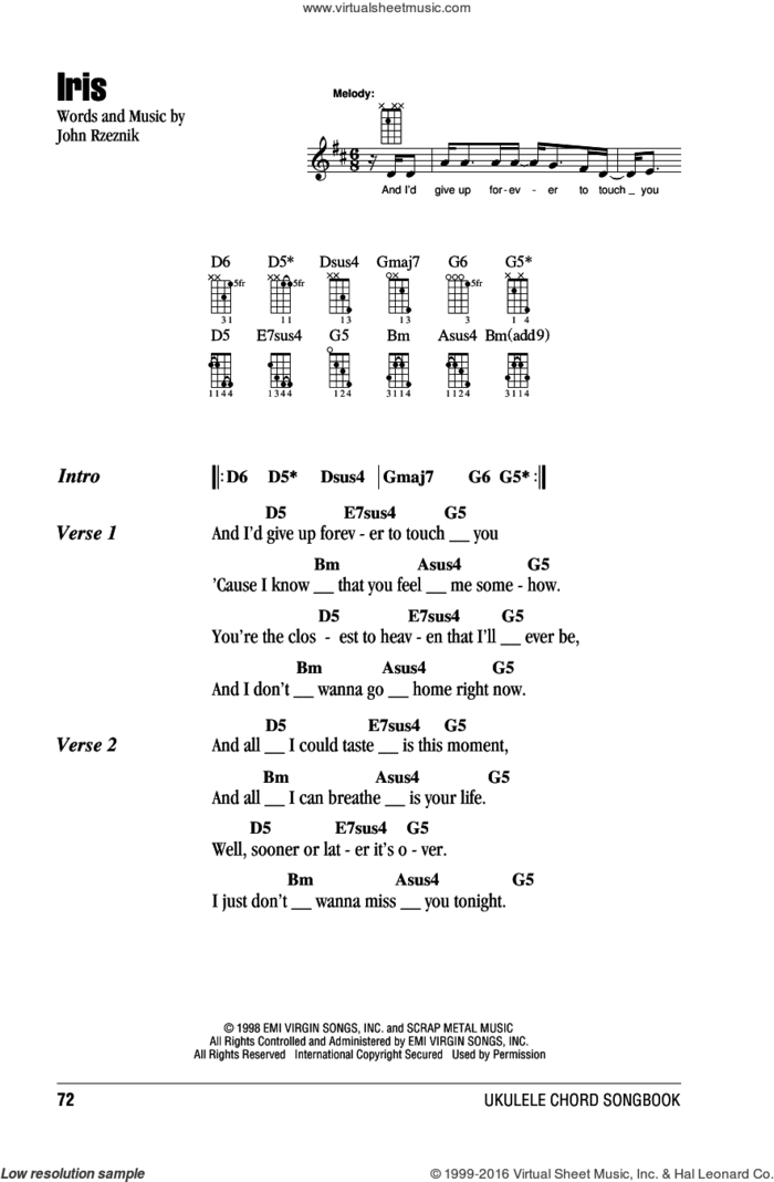 Iris sheet music for ukulele (chords) by Goo Goo Dolls and John Rzeznik, classical score, intermediate skill level