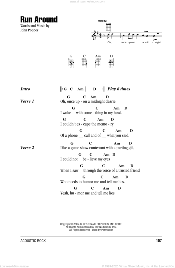 Run Around sheet music for ukulele (chords) by Blues Traveler and John Popper, intermediate skill level