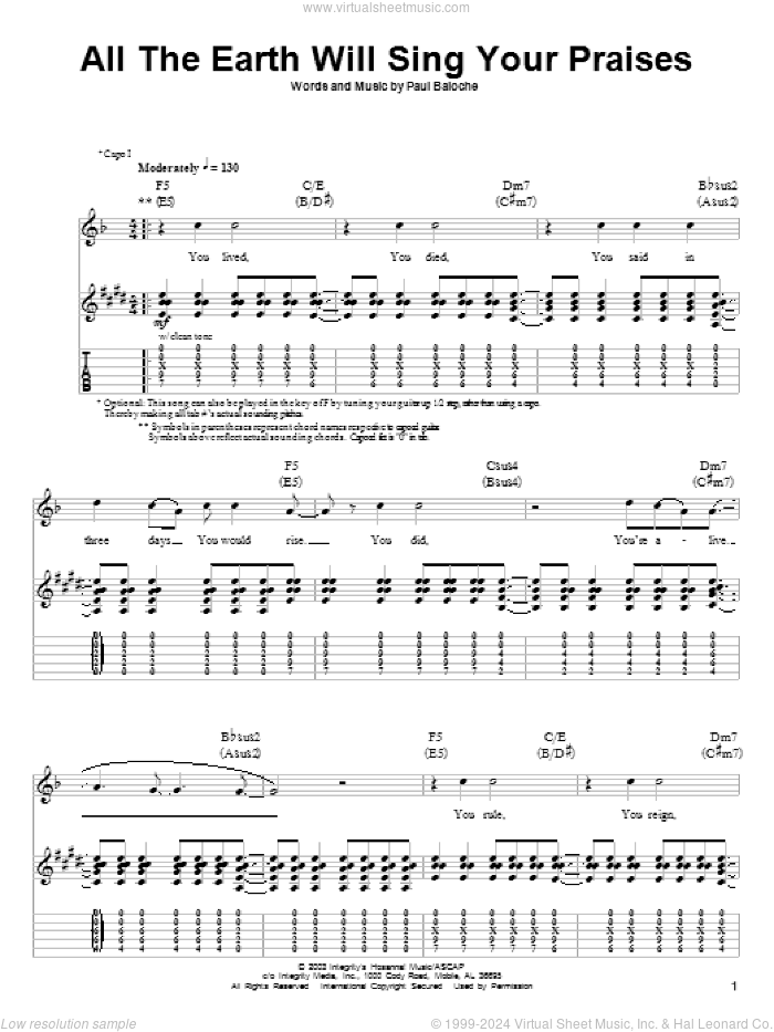 All The Earth Will Sing Your Praises sheet music for guitar (tablature, play-along) by Paul Baloche, intermediate skill level