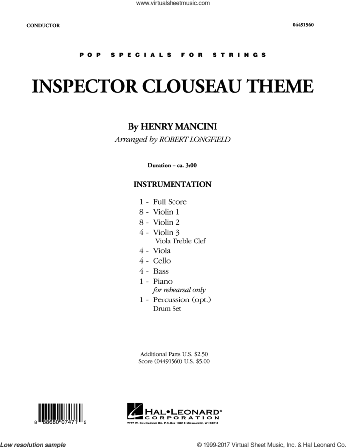 Inspector Clouseau Theme (from The Pink Panther Strikes Again) (COMPLETE) sheet music for orchestra by Henry Mancini and Robert Longfield, intermediate skill level
