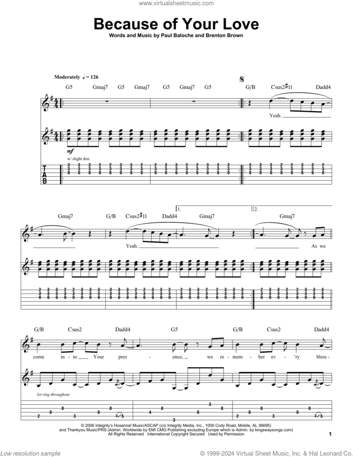 Because Of Your Love sheet music for guitar (tablature, play-along) by Paul Baloche and Brenton Brown, intermediate skill level
