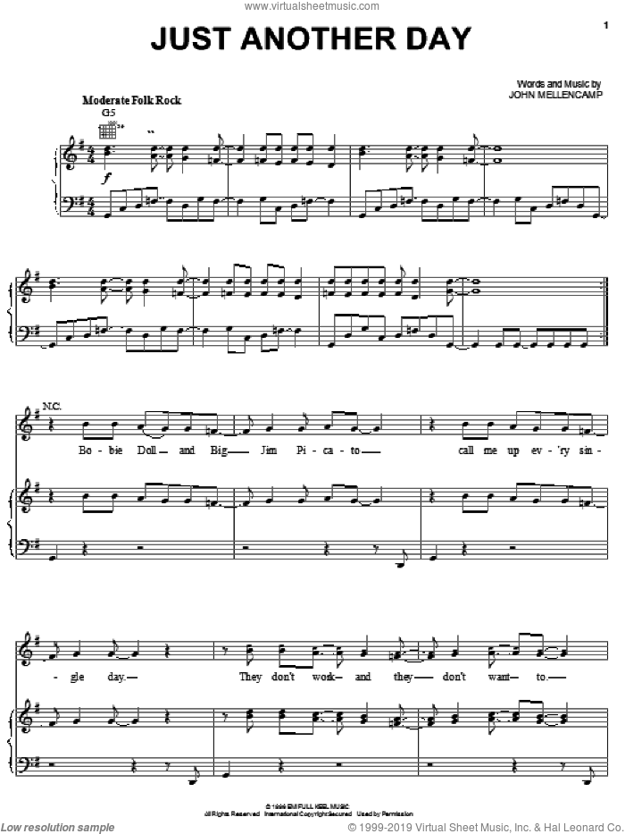 Just Another Day sheet music for voice, piano or guitar by John Mellencamp, intermediate skill level