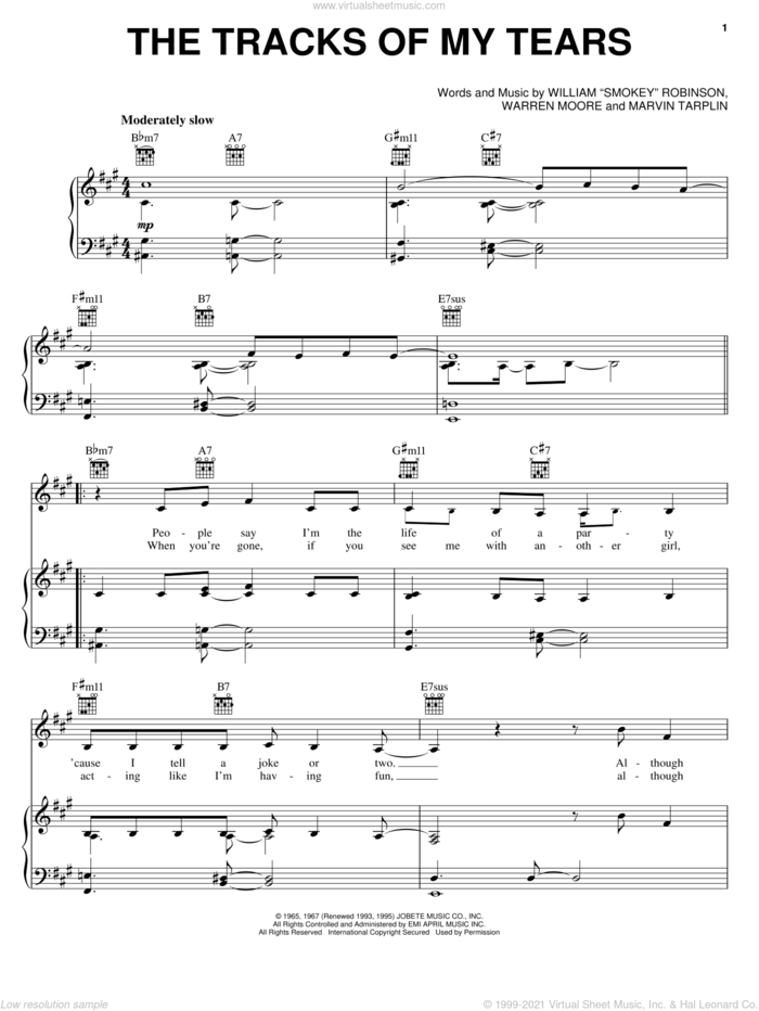 The Tracks Of My Tears sheet music for voice, piano or guitar by Michael McDonald, Linda Ronstadt, Smokey Robinson & The Miracles, The Miracles, Marvin Tarplin and Warren Moore, intermediate skill level