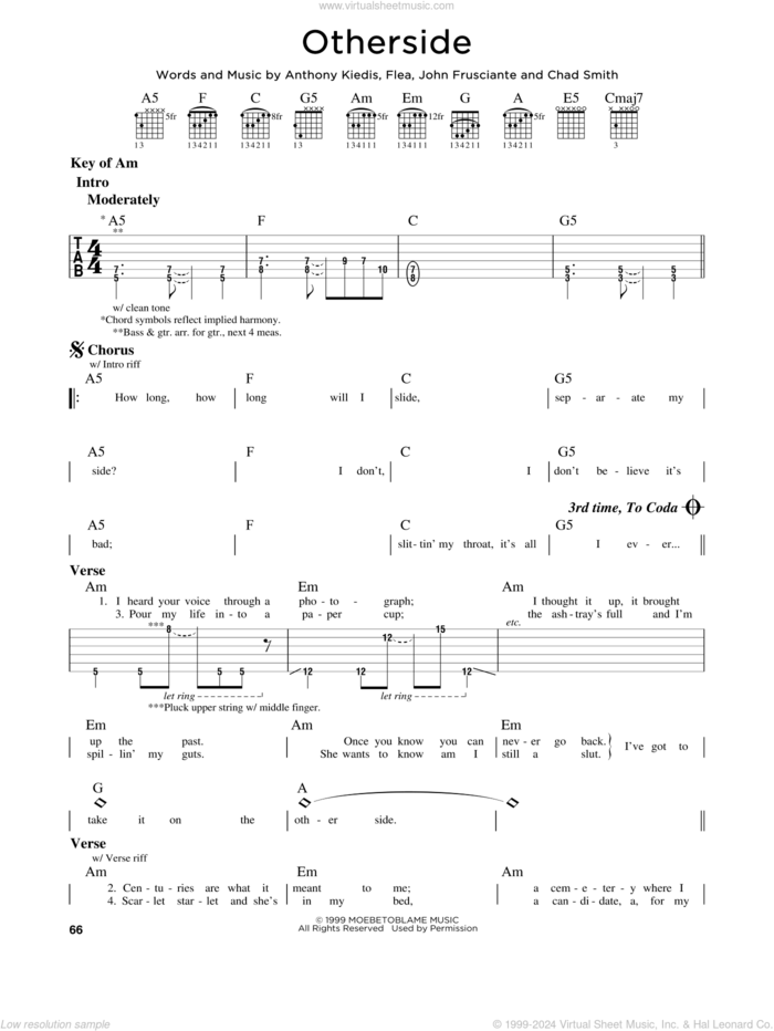 Otherside sheet music for guitar solo (lead sheet) by Red Hot Chili Peppers, Anthony Kiedis, Chad Smith, Flea and John Frusciante, intermediate guitar (lead sheet)