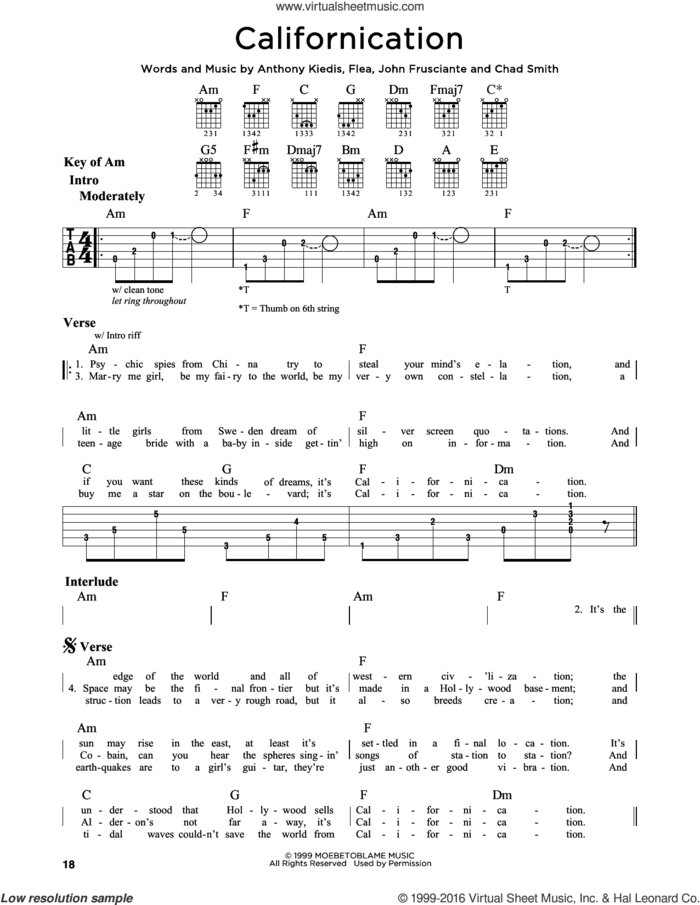 Californication sheet music for guitar solo (lead sheet) by Red Hot Chili Peppers, Anthony Kiedis, Chad Smith, Flea and John Frusciante, intermediate guitar (lead sheet)