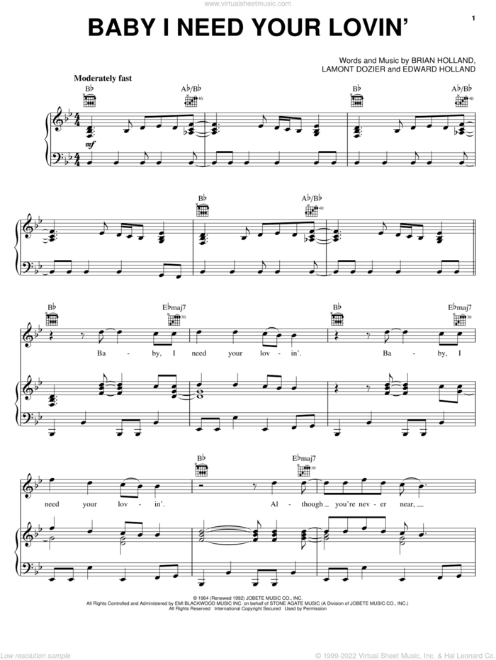 Baby I Need Your Lovin' sheet music for voice, piano or guitar by Michael McDonald, Johnny Rivers, The Four Tops, Brian Holland, Eddie Holland and Lamont Dozier, intermediate skill level