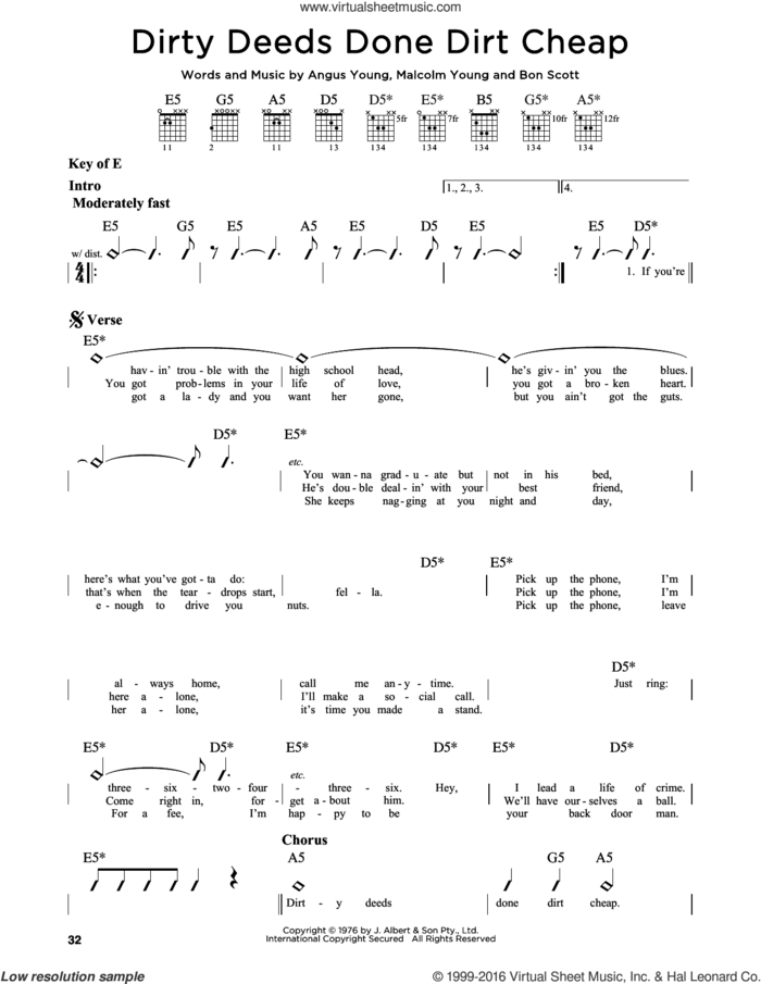 Dirty Deeds Done Dirt Cheap sheet music for guitar solo (lead sheet) by AC/DC, Angus Young, Bon Scott and Malcolm Young, intermediate guitar (lead sheet)