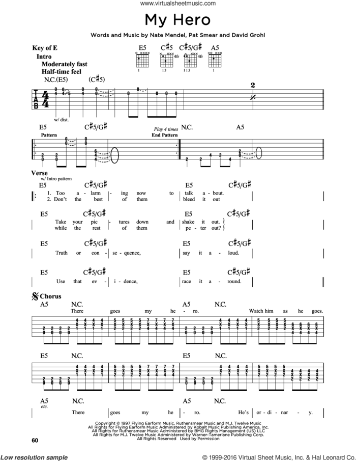 My Hero sheet music for guitar solo (lead sheet) by Foo Fighters, Dave Grohl, Nate Mendel and Pat Smear, intermediate guitar (lead sheet)