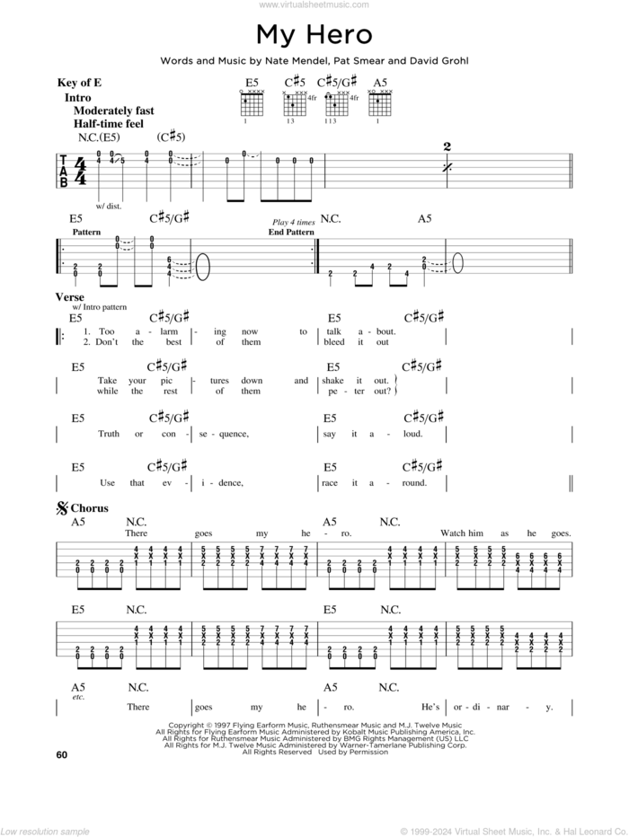 My Hero sheet music for guitar solo (lead sheet) by Foo Fighters, Dave Grohl, Nate Mendel and Pat Smear, intermediate guitar (lead sheet)