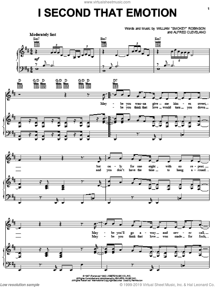 I Second That Emotion sheet music for voice, piano or guitar by Michael McDonald, Smokey Robinson & The Miracles and Alfred Cleveland, intermediate skill level