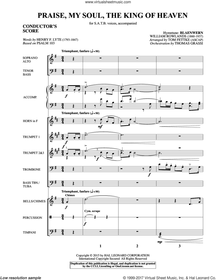 Praise, My Soul, The King of Heaven (COMPLETE) sheet music for orchestra/band by Tom Fettke, Henry F. Lyte and William Rowlands, intermediate skill level