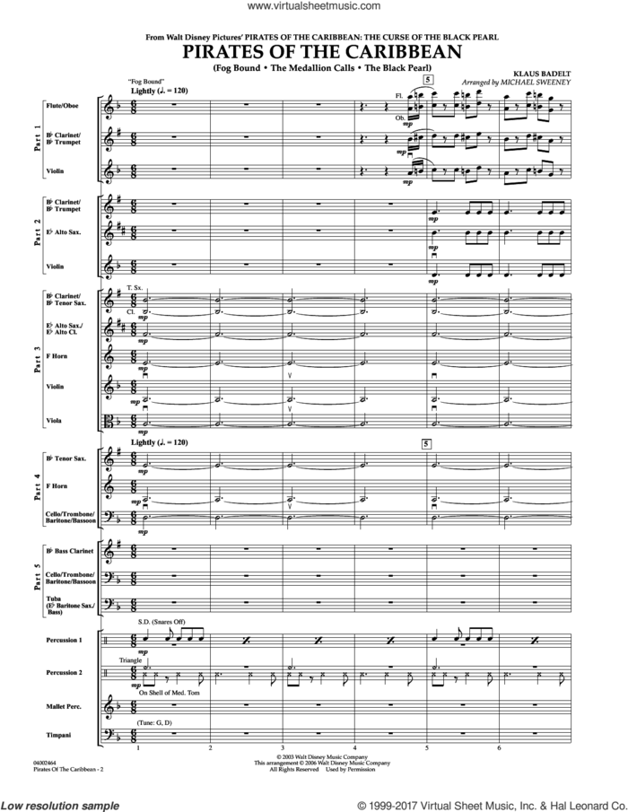 Pirates Of The Caribbean (COMPLETE) sheet music for concert band by Michael Sweeney and Klaus Badelt, intermediate skill level