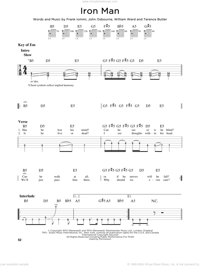 Iron Man sheet music for guitar solo (lead sheet) by Black Sabbath, Frank Iommi, John Osbourne, Terence Butler and William Ward, intermediate guitar (lead sheet)