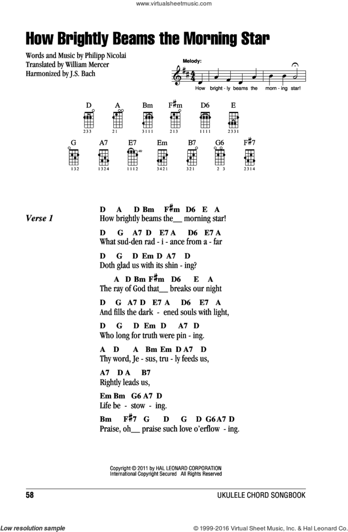 How Brightly Beams The Morning Star sheet music for ukulele (chords) by Johann Sebastian Bach, Philipp Nicolai and William Mercer, intermediate skill level