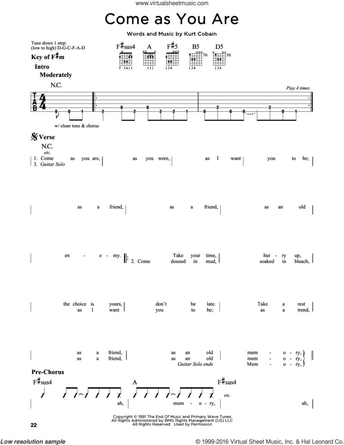 Come As You Are sheet music for guitar solo (lead sheet) by Nirvana and Kurt Cobain, intermediate guitar (lead sheet)