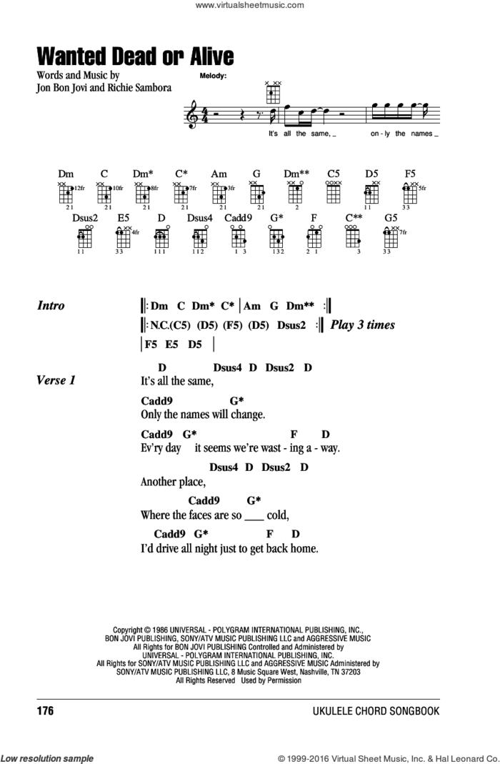 Wanted Dead Or Alive sheet music for ukulele (chords) by Bon Jovi, Chris Daughtry and Richie Sambora, intermediate skill level