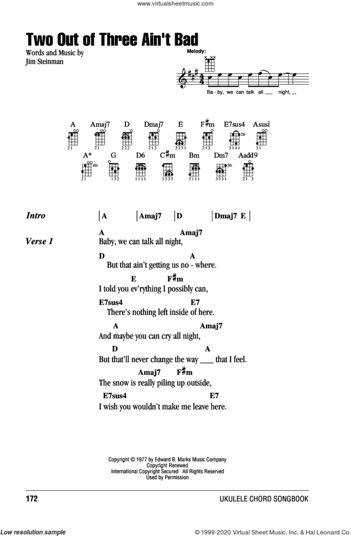 Two Out Of Three Ain't Bad sheet music for ukulele (chords) by Meat Loaf and Jim Steinman, intermediate skill level