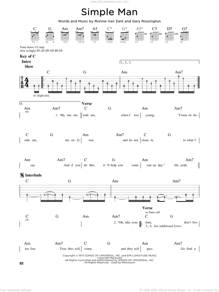 Simple Man sheet music for guitar solo (lead sheet) by Lynyrd Skynyrd, Gary Rossington and Ronnie Van Zant, intermediate guitar (lead sheet)