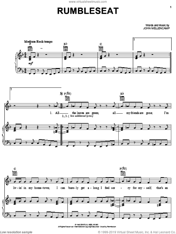 Rumbleseat sheet music for voice, piano or guitar by John Mellencamp, intermediate skill level