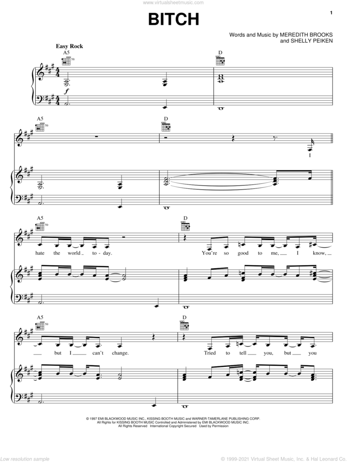 Bitch sheet music for voice, piano or guitar by Meredith Brooks and Shelly Peiken, intermediate skill level