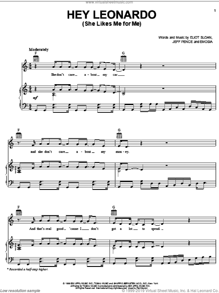 Hey Leonardo (She Likes Me For Me) sheet music for voice, piano or guitar by Blessid Union Of Souls, Eliot Sloan, Emosia and Jeff Pence, intermediate skill level