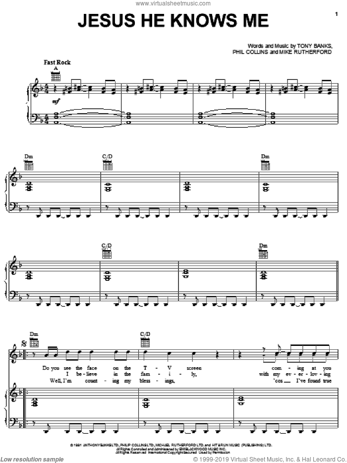 Jesus He Knows Me sheet music for voice, piano or guitar by Genesis, Mike Rutherford, Phil Collins and Tony Banks, intermediate skill level