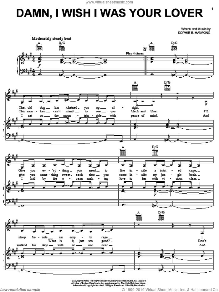 Damn, I Wish I Was Your Lover sheet music for voice, piano or guitar by Sophie B. Hawkins, intermediate skill level
