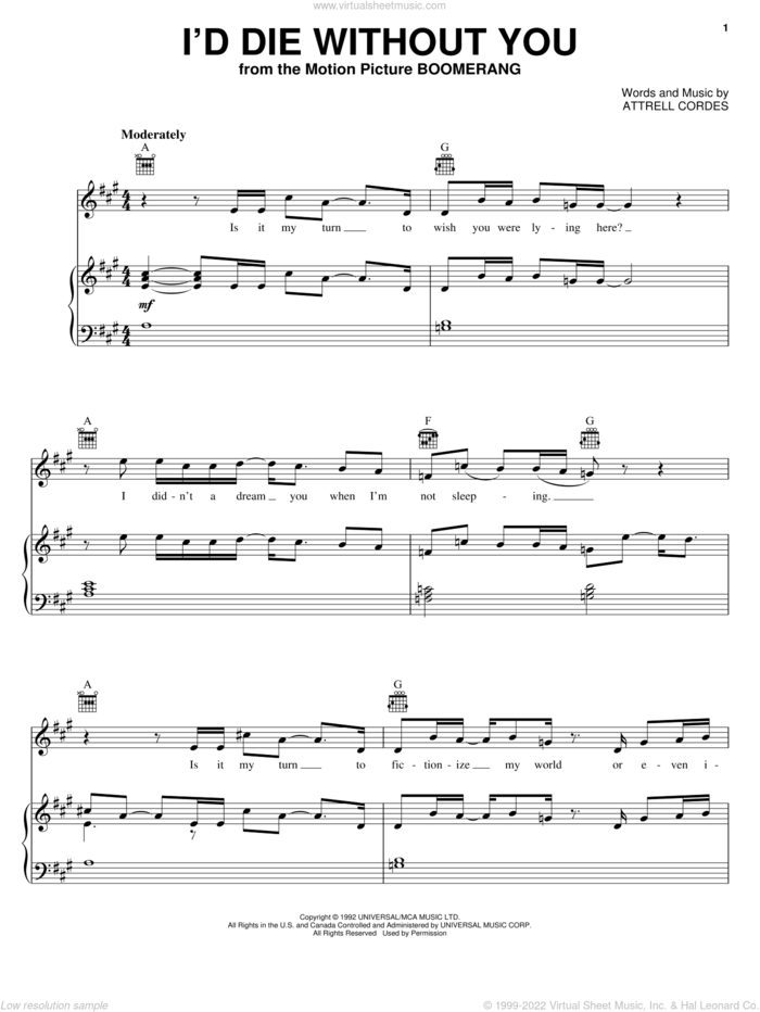 I'd Die Without You sheet music for voice, piano or guitar by P.M. Dawn and Attrell Cordes, intermediate skill level