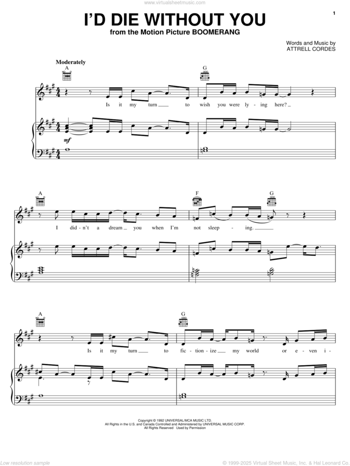 I'd Die Without You sheet music for voice, piano or guitar by P.M. Dawn and Attrell Cordes, intermediate skill level