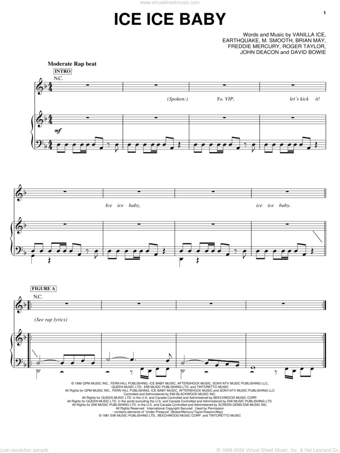 Ice Ice Baby sheet music for voice, piano or guitar by Vanilla Ice, Brian May, David Bowie, Earthquake, Freddie Mercury, John Deacon, M. Smooth and Roger Taylor, intermediate skill level