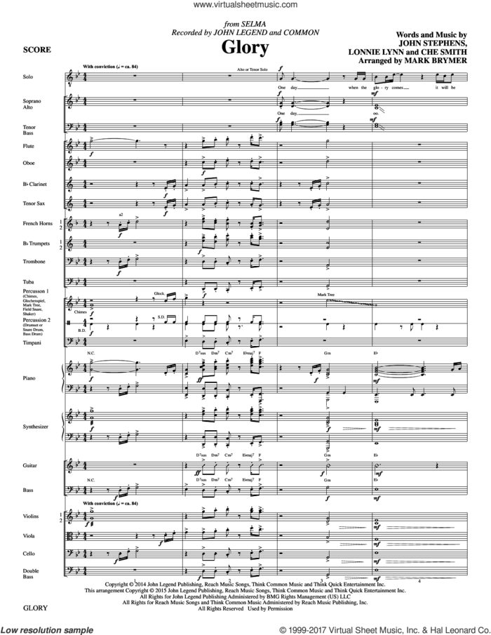 Glory (COMPLETE) sheet music for orchestra/band by Mark Brymer, Che Smith, Common & John Legend, John Stephens and Lonnie Lynn, intermediate skill level