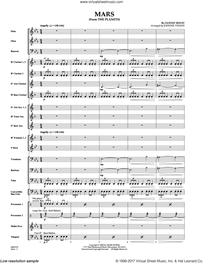 Mars (from The Planets) (COMPLETE) sheet music for concert band by Johnnie Vinson and Gustav Holst, intermediate skill level