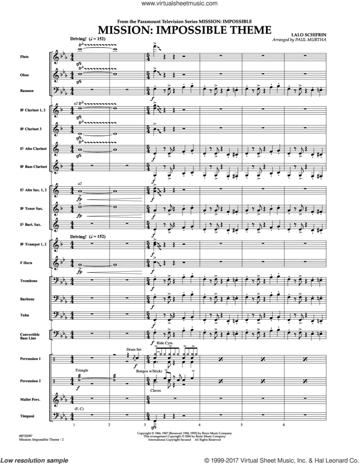 Mission: Impossible Theme (COMPLETE) sheet music for concert band by Paul Murtha, Adam Clayton and Larry Mullen and Lalo Schifrin, intermediate skill level