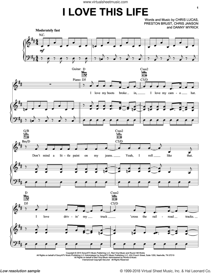 I Love This Life sheet music for voice, piano or guitar by LoCash, Chris Janson, Chris Lucas, Danny Myrick and Preston Brust, intermediate skill level