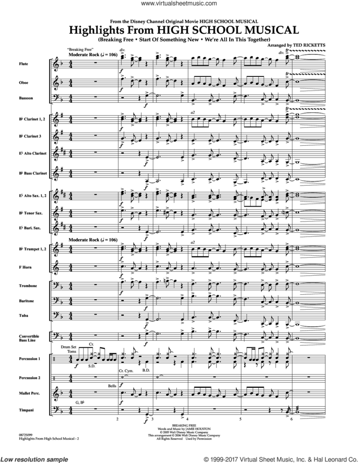 Highlights From 'High School Musical' (COMPLETE) sheet music for concert band by Ted Ricketts, intermediate skill level
