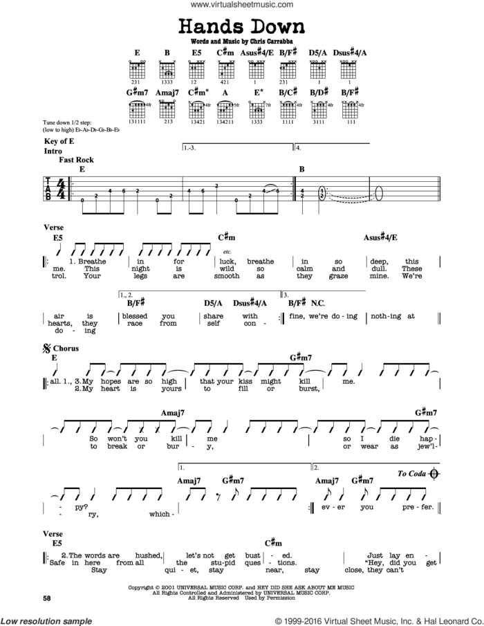 Hands Down sheet music for guitar solo (lead sheet) by Dashboard Confessional and Chris Carrabba, intermediate guitar (lead sheet)
