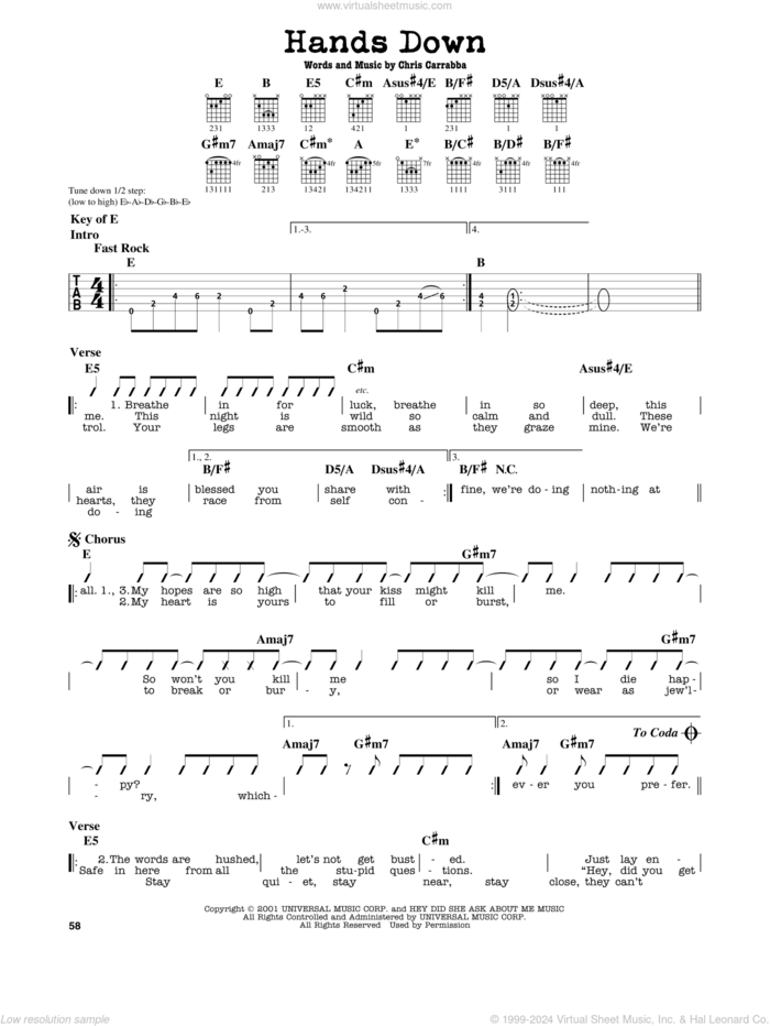 Hands Down sheet music for guitar solo (lead sheet) by Dashboard Confessional and Chris Carrabba, intermediate guitar (lead sheet)