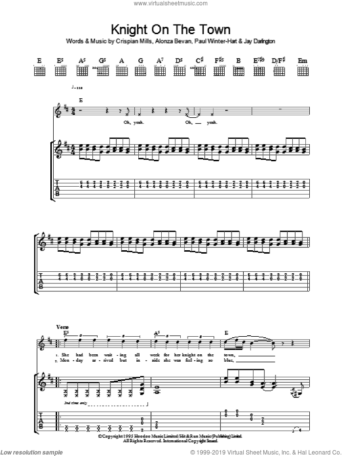 Knight On The Town sheet music for guitar (tablature) by Kula Shaker, Alonza Bevan, Crispian Mills, Jay Darlington and Paul Winter-Hart, intermediate skill level