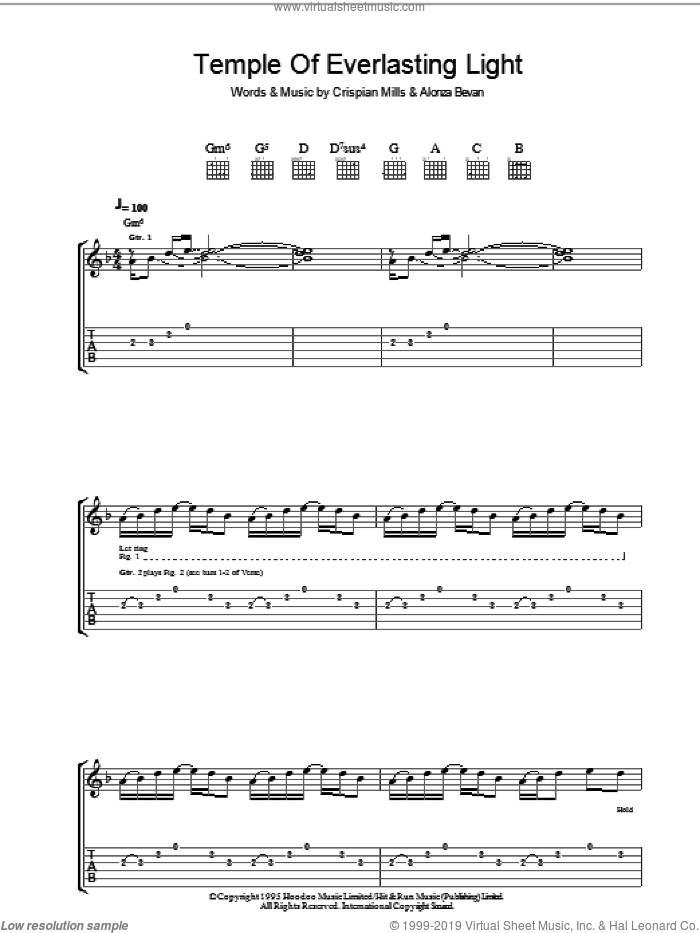 Temple Of Everlasting Light sheet music for guitar (tablature) by Kula Shaker, Alonza Bevan and Crispian Mills, intermediate skill level