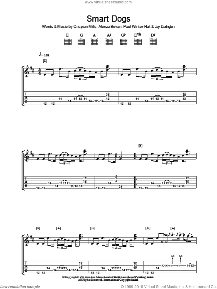 Smart Dogs sheet music for guitar (tablature) by Kula Shaker, Alonza Bevan, Crispian Mills, Jay Darlington and Paul Winter-Hart, intermediate skill level