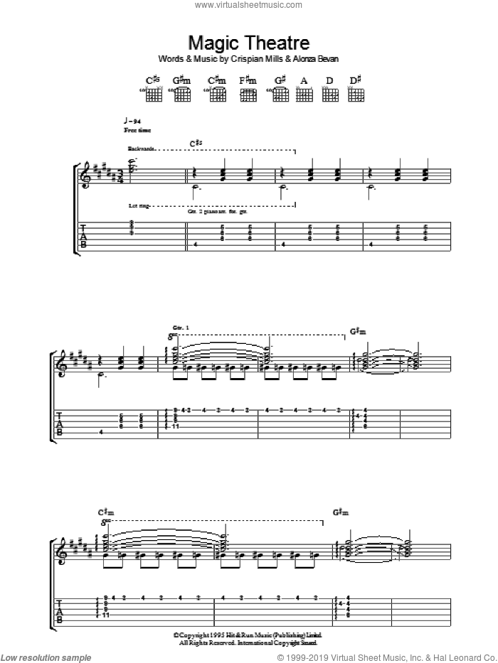 Magic Theatre sheet music for guitar (tablature) by Kula Shaker, Alonza Bevan and Crispian Mills, intermediate skill level