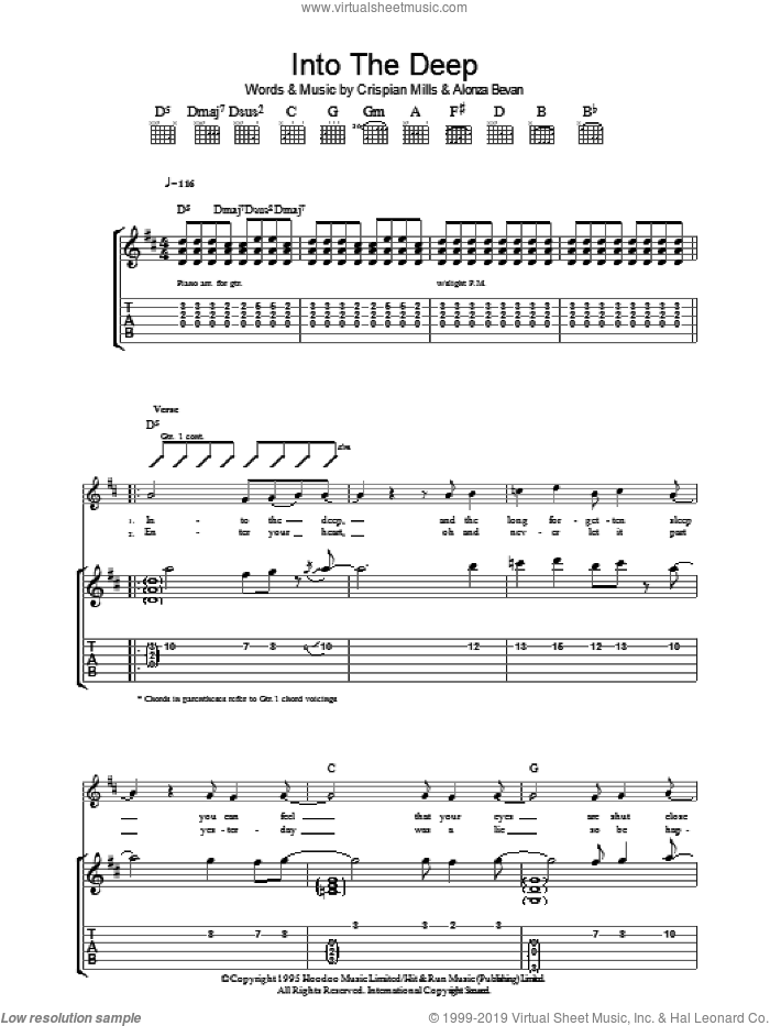Into The Deep sheet music for guitar (tablature) by Kula Shaker, Alonza Bevan and Crispian Mills, intermediate skill level
