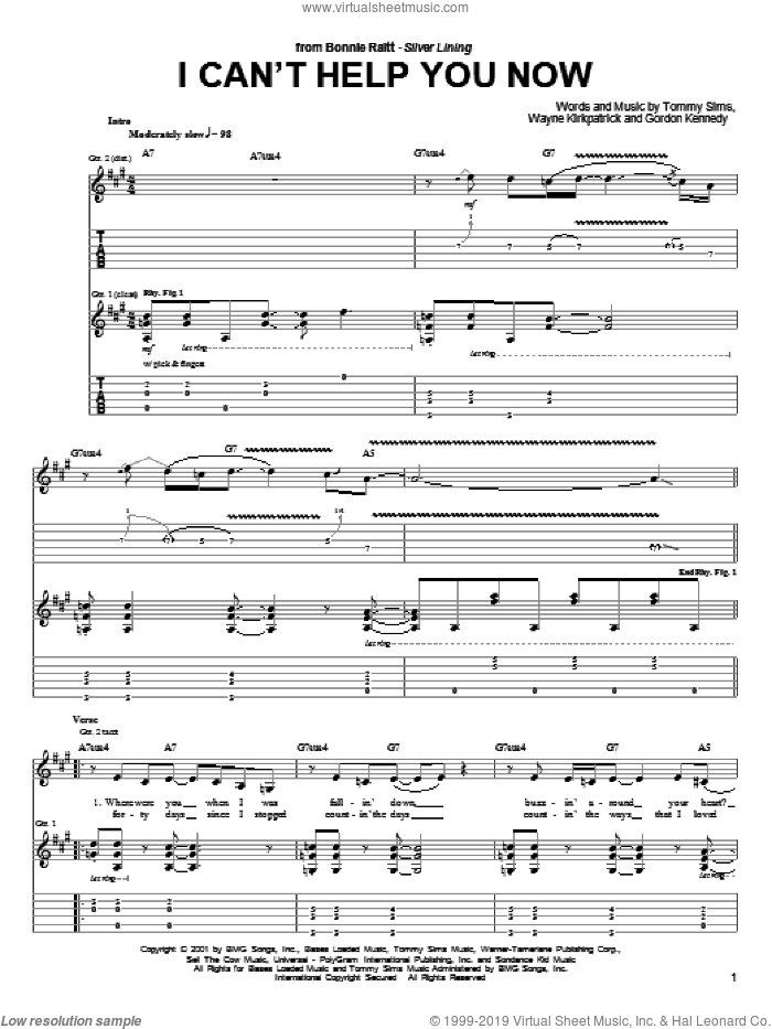 I Can't Help You Now sheet music for guitar (tablature) by Bonnie Raitt, Gordon Kennedy, Tommy Sims and Wayne Kirkpatrick, intermediate skill level