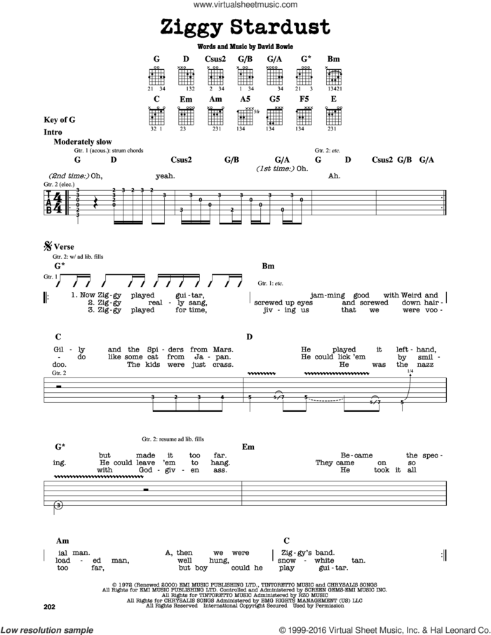 Ziggy Stardust sheet music for guitar solo (lead sheet) by David Bowie, intermediate guitar (lead sheet)